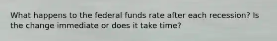 What happens to the federal funds rate after each recession? Is the change immediate or does it take time?