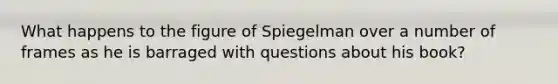 What happens to the figure of Spiegelman over a number of frames as he is barraged with questions about his book?