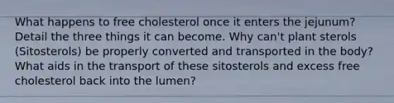 What happens to free cholesterol once it enters the jejunum? Detail the three things it can become. Why can't plant sterols (Sitosterols) be properly converted and transported in the body? What aids in the transport of these sitosterols and excess free cholesterol back into the lumen?