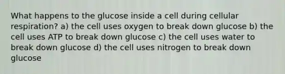 What happens to the glucose inside a cell during cellular respiration? a) the cell uses oxygen to break down glucose b) the cell uses ATP to break down glucose c) the cell uses water to break down glucose d) the cell uses nitrogen to break down glucose