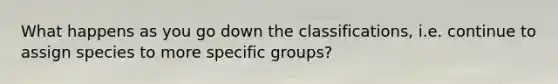 What happens as you go down the classifications, i.e. continue to assign species to more specific groups?