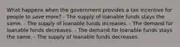 What happens when the government provides a tax incentive for people to save more? - The supply of loanable funds stays the same. - The supply of loanable funds increases. - The demand for loanable funds decreases. - The demand for loanable funds stays the same. - The supply of loanable funds decreases.