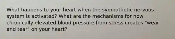 What happens to your heart when the sympathetic nervous system is activated? What are the mechanisms for how chronically elevated blood pressure from stress creates "wear and tear" on your heart?