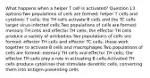 What happens when a helper T cell is activated? Question 13 options:Two populations of cells are formed: helper T cells and cytotoxic T cells; the TH cells activate B cells and the TC cells target virus-infected cells.Two populations of cells are formed: memory TH cells and effector TH cells; the effector TH cells produce a variety of antibodies.Two populations of cells are formed: effector TH cells and effector TC cells; these work together to activate B cells and macrophages.Two populations of cells are formed: memory TH cells and effector TH cells; the effector TH cells play a role in activating B cells.Activated TH cells produce cytokines that stimulate dendritic cells, converting them into antigen-presenting cells.