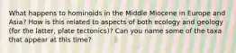 What happens to hominoids in the Middle Miocene in Europe and Asia? How is this related to aspects of both ecology and geology (for the latter, plate tectonics)? Can you name some of the taxa that appear at this time?