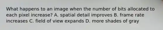 What happens to an image when the number of bits allocated to each pixel increase? A. spatial detail improves B. frame rate increases C. field of view expands D. more shades of gray