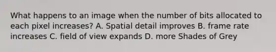 What happens to an image when the number of bits allocated to each pixel increases? A. Spatial detail improves B. frame rate increases C. field of view expands D. more Shades of Grey