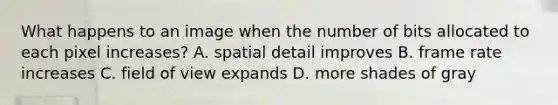 What happens to an image when the number of bits allocated to each pixel increases? A. spatial detail improves B. frame rate increases C. field of view expands D. more shades of gray