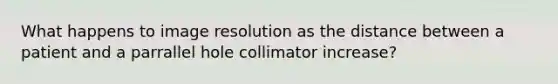 What happens to image resolution as the distance between a patient and a parrallel hole collimator increase?