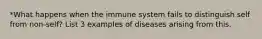 *What happens when the immune system fails to distinguish self from non-self? List 3 examples of diseases arising from this.