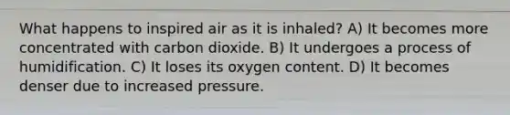 What happens to inspired air as it is inhaled? A) It becomes more concentrated with carbon dioxide. B) It undergoes a process of humidification. C) It loses its oxygen content. D) It becomes denser due to increased pressure.