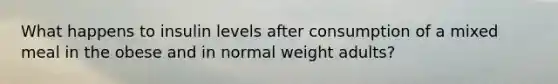 What happens to insulin levels after consumption of a mixed meal in the obese and in normal weight adults?