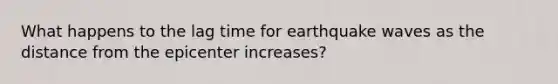 What happens to the lag time for earthquake waves as the distance from the epicenter increases?