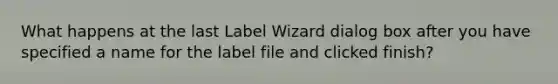 What happens at the last Label Wizard dialog box after you have specified a name for the label file and clicked finish?