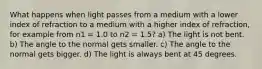 What happens when light passes from a medium with a lower index of refraction to a medium with a higher index of refraction, for example from n1 = 1.0 to n2 = 1.5? a) The light is not bent. b) The angle to the normal gets smaller. c) The angle to the normal gets bigger. d) The light is always bent at 45 degrees.