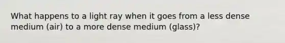 What happens to a light ray when it goes from a less dense medium (air) to a more dense medium (glass)?