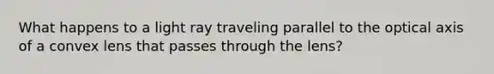 What happens to a light ray traveling parallel to the optical axis of a convex lens that passes through the lens?