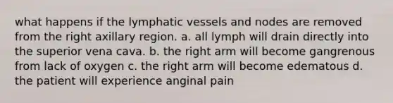 what happens if the lymphatic vessels and nodes are removed from the right axillary region. a. all lymph will drain directly into the superior vena cava. b. the right arm will become gangrenous from lack of oxygen c. the right arm will become edematous d. the patient will experience anginal pain