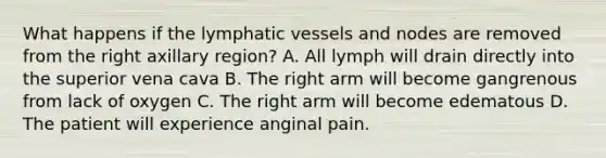 What happens if the lymphatic vessels and nodes are removed from the right axillary region? A. All lymph will drain directly into the superior vena cava B. The right arm will become gangrenous from lack of oxygen C. The right arm will become edematous D. The patient will experience anginal pain.