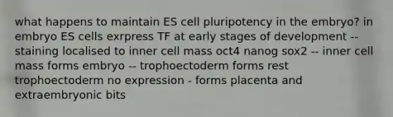 what happens to maintain ES cell pluripotency in the embryo? in embryo ES cells exrpress TF at early stages of development -- staining localised to inner cell mass oct4 nanog sox2 -- inner cell mass forms embryo -- trophoectoderm forms rest trophoectoderm no expression - forms placenta and extraembryonic bits