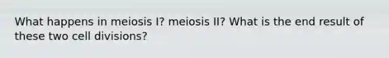 What happens in meiosis I? meiosis II? What is the end result of these two cell divisions?