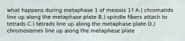 what happens during metaphase 1 of meiosis 1? A.) chromatids line up along the metaphase plate B.) spindle fibers attach to tetrads C.) tetrads line up along the metaphase plate D.) chromosomes line up along the metaphase plate