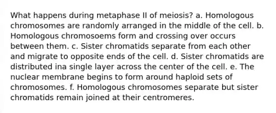 What happens during metaphase II of meiosis? a. Homologous chromosomes are randomly arranged in the middle of the cell. b. Homologous chromosoems form and crossing over occurs between them. c. Sister chromatids separate from each other and migrate to opposite ends of the cell. d. Sister chromatids are distributed ina single layer across the center of the cell. e. The nuclear membrane begins to form around haploid sets of chromosomes. f. Homologous chromosomes separate but sister chromatids remain joined at their centromeres.