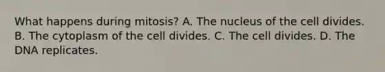 What happens during mitosis? A. The nucleus of the cell divides. B. The cytoplasm of the cell divides. C. The cell divides. D. The DNA replicates.