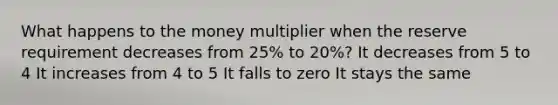 What happens to the money multiplier when the reserve requirement decreases from 25% to 20%? It decreases from 5 to 4 It increases from 4 to 5 It falls to zero It stays the same