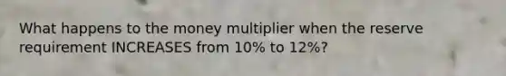 What happens to the money multiplier when the reserve requirement INCREASES from 10% to 12%?