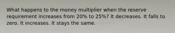 What happens to the money multiplier when the reserve requirement increases from 20% to 25%? It decreases. It falls to zero. It increases. It stays the same.