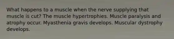 What happens to a muscle when the nerve supplying that muscle is cut? The muscle hypertrophies. Muscle paralysis and atrophy occur. Myasthenia gravis develops. Muscular dystrophy develops.