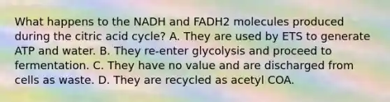 What happens to the NADH and FADH2 molecules produced during the citric acid cycle? A. They are used by ETS to generate ATP and water. B. They re-enter glycolysis and proceed to fermentation. C. They have no value and are discharged from cells as waste. D. They are recycled as acetyl COA.