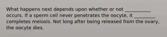 What happens next depends upon whether or not ___________ occurs. If a sperm cell never penetrates the oocyte, it _________ completes meiosis. Not long after being released from the ovary, the oocyte dies.