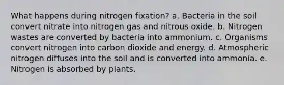 What happens during nitrogen fixation? a. Bacteria in the soil convert nitrate into nitrogen gas and nitrous oxide. b. Nitrogen wastes are converted by bacteria into ammonium. c. Organisms convert nitrogen into carbon dioxide and energy. d. Atmospheric nitrogen diffuses into the soil and is converted into ammonia. e. Nitrogen is absorbed by plants.