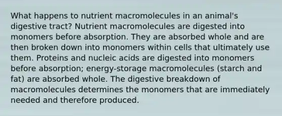 What happens to nutrient macromolecules in an animal's digestive tract? Nutrient macromolecules are digested into monomers before absorption. They are absorbed whole and are then broken down into monomers within cells that ultimately use them. Proteins and nucleic acids are digested into monomers before absorption; energy-storage macromolecules (starch and fat) are absorbed whole. The digestive breakdown of macromolecules determines the monomers that are immediately needed and therefore produced.