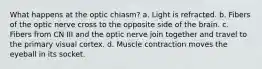 What happens at the optic chiasm? a. Light is refracted. b. Fibers of the optic nerve cross to the opposite side of the brain. c. Fibers from CN III and the optic nerve join together and travel to the primary visual cortex. d. Muscle contraction moves the eyeball in its socket.