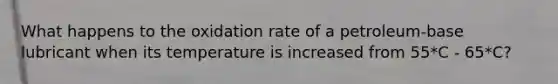 What happens to the oxidation rate of a petroleum-base lubricant when its temperature is increased from 55*C - 65*C?