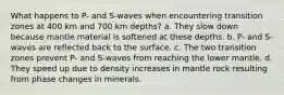 What happens to P- and S-waves when encountering transition zones at 400 km and 700 km depths? a. They slow down because mantle material is softened at these depths. b. P- and S-waves are reflected back to the surface. c. The two transition zones prevent P- and S-waves from reaching the lower mantle. d. They speed up due to density increases in mantle rock resulting from phase changes in minerals.