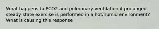 What happens to PCO2 and pulmonary ventilation if prolonged steady-state exercise is performed in a hot/humid environment? What is causing this response