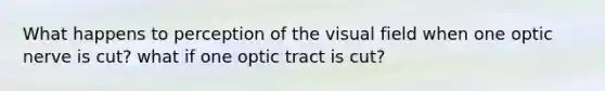 What happens to perception of the visual field when one optic nerve is cut? what if one optic tract is cut?