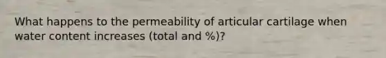 What happens to the permeability of articular cartilage when water content increases (total and %)?