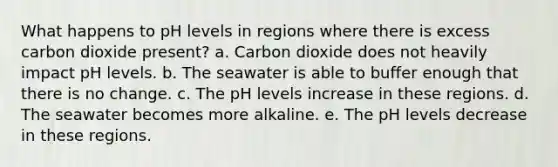 What happens to pH levels in regions where there is excess carbon dioxide present? a. Carbon dioxide does not heavily impact pH levels. b. The seawater is able to buffer enough that there is no change. c. The pH levels increase in these regions. d. The seawater becomes more alkaline. e. The pH levels decrease in these regions.