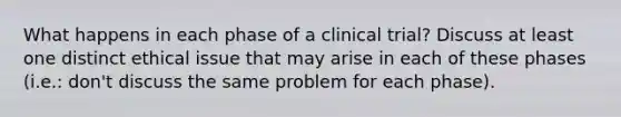 What happens in each phase of a clinical trial? Discuss at least one distinct ethical issue that may arise in each of these phases (i.e.: don't discuss the same problem for each phase).