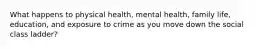 What happens to physical health, mental health, family life, education, and exposure to crime as you move down the social class ladder?