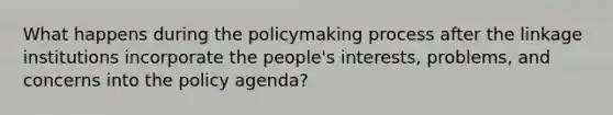 What happens during the policymaking process after the linkage institutions incorporate the people's interests, problems, and concerns into the policy agenda?