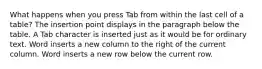 What happens when you press Tab from within the last cell of a table? The insertion point displays in the paragraph below the table. A Tab character is inserted just as it would be for ordinary text. Word inserts a new column to the right of the current column. Word inserts a new row below the current row.