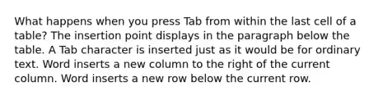 What happens when you press Tab from within the last cell of a table? The insertion point displays in the paragraph below the table. A Tab character is inserted just as it would be for ordinary text. Word inserts a new column to the right of the current column. Word inserts a new row below the current row.