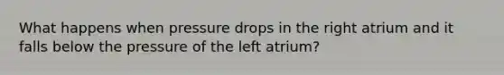 What happens when pressure drops in the right atrium and it falls below the pressure of the left atrium?