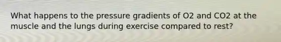 What happens to the pressure gradients of O2 and CO2 at the muscle and the lungs during exercise compared to rest?